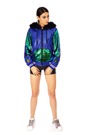 Emerald green sequin jacket with an oversized hood and faux fur trim.  Sequin Hoodie - mens, womans, unisex. Festival Fashion  