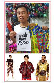 Vietnamese Home tailor Mr. Tien holding a State of Disarray jacket and a sign which says ''I made your Clothes''