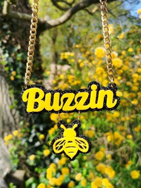 Buzzin - Acrylic Necklace - Glitter Black & Yellow
