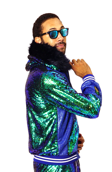 Emerald green sequin jacket with an oversized hood and faux fur trim.  Sequin Hoodie - mens, womans, unisex. Festival Fashion  