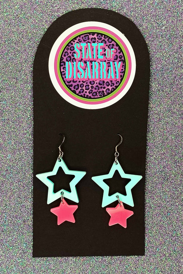 Double Star - Candyfloss Blue & Flamenco Pink - Statement Earrings