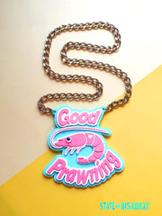 State of Disarray Arylic laser cut statement necklace with 'good prawning' design