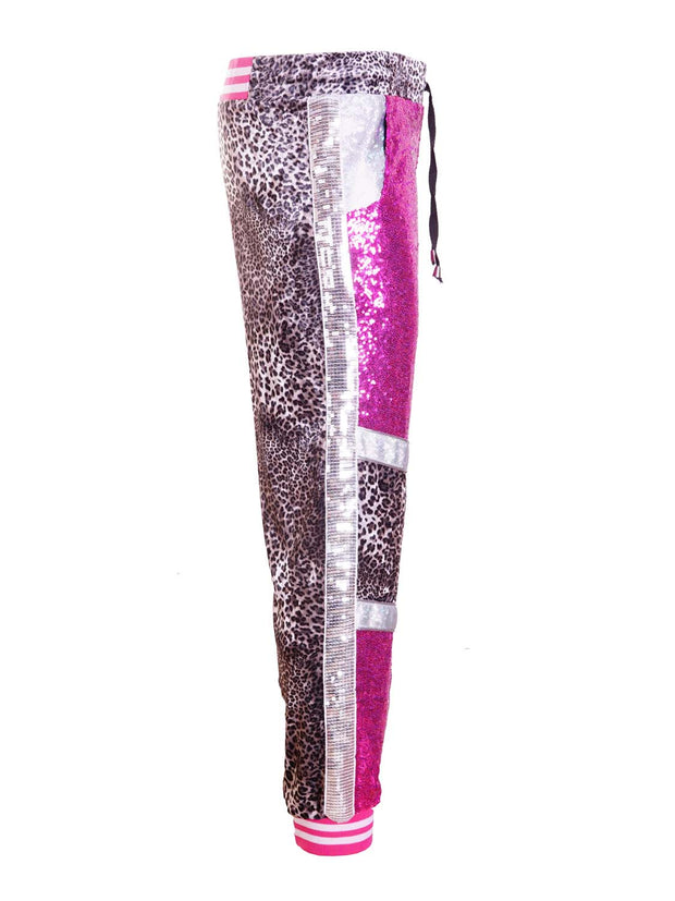 Pink Sequin & Velvet Leopard Joggers, Sweatpants